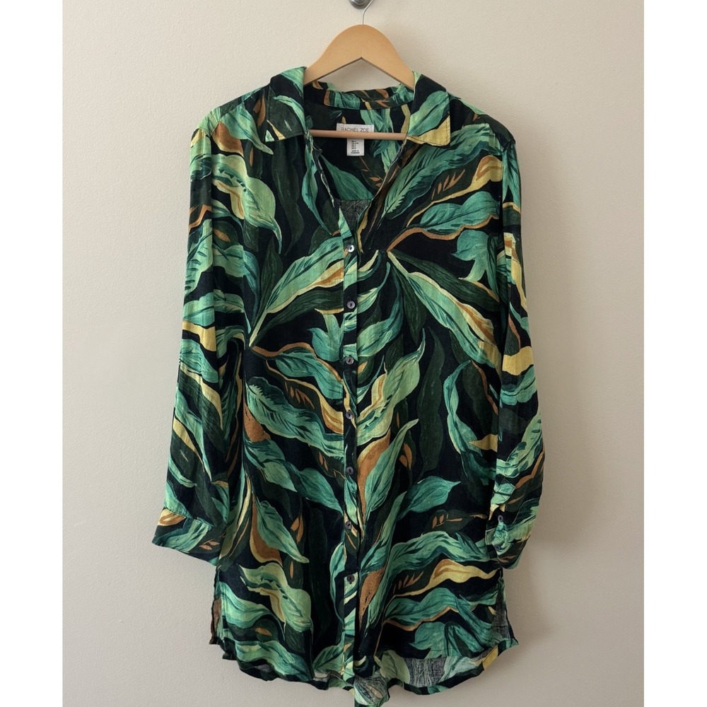 Rachel Zoe Tropical Leaf Print Linen Blend Beach Cover Up Tunic Womens Large Top